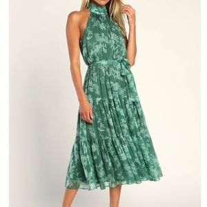High neck halter Dress Green Floral Print Lulus
